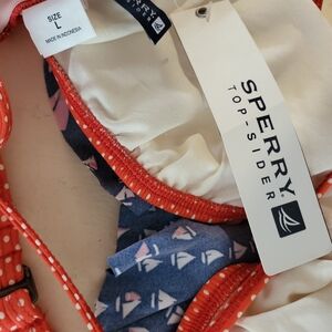 Sperry Coral and Navy Polka Dot-Trim Bikini Top